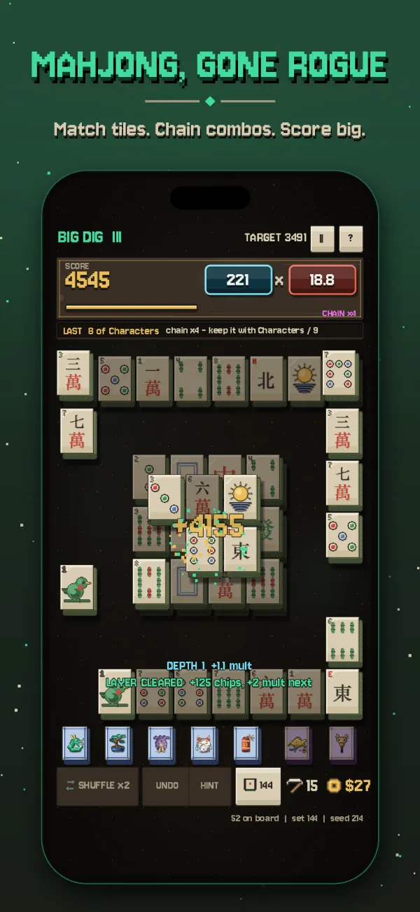 A board mid-combo: a chain of characters scores +4155 as a whole layer clears