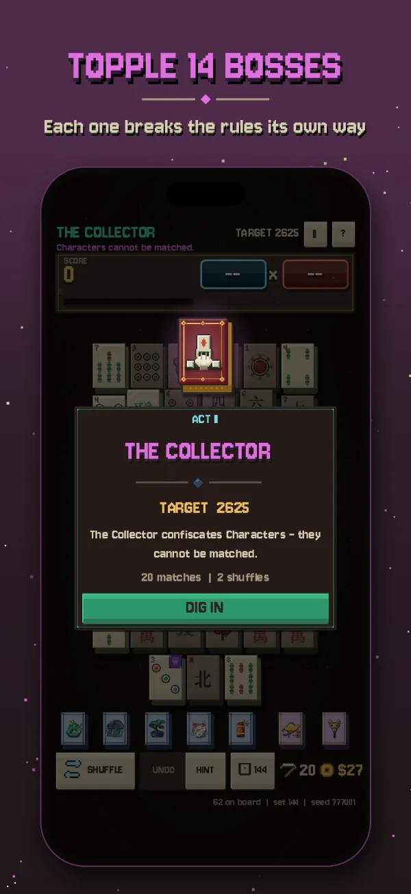 The Collector boss card: for this dig, every Characters tile is confiscated and cannot be matched