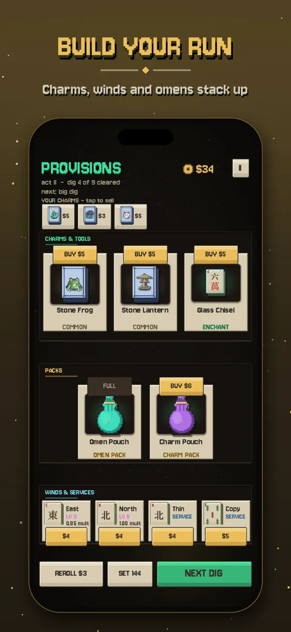 The shop between digs: charms, packs and wind upgrades