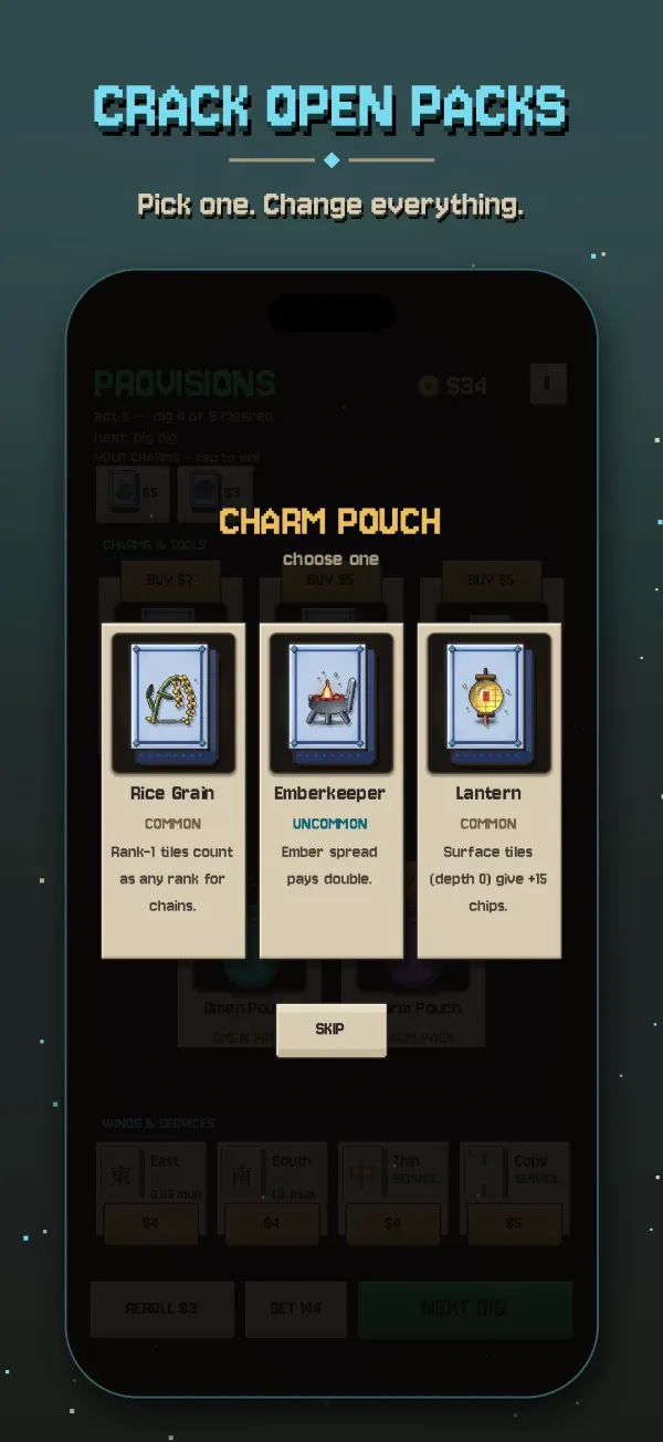 A Charm Pouch opened: three charms, pick one