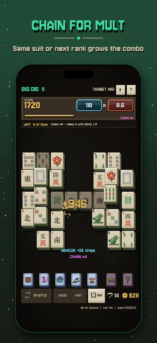 An act II board on a four-link chain of dots, the Abacus charm adding chips to the match