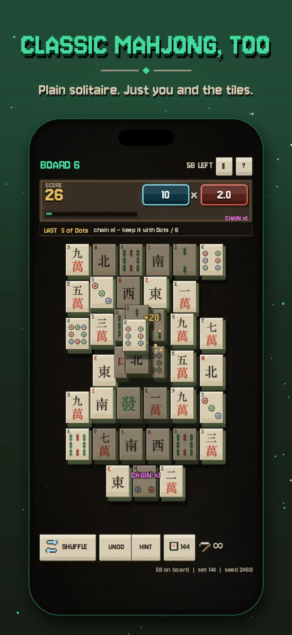 Classic mode: a full mahjong solitaire mountain with no charms, bosses or shop